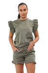 AA ESSANTAILS® Women's Ribbed Frill Peplum Short and Top Set - Ladies Co-Ord 2 Pcs Summer Longwear Tracksuit (Khaki, 16-18)
