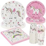 PARTY GO 96 Pcs White Unicorn Tableware Set, Paper Plates Cups and Napkins, Disposable Dinnerware Party Supplies for Birthday Party Decorations Favors for Girls Serves 24