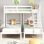 BTM Bunk Bed, Triple Single Beds, 3FT Bunk Bed Triple Sleeper Wooden Bunk Bed Large Childrens (White, 3FT Single*3)