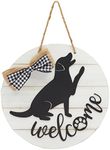 Farmlyn Creek Farmhouse Front Porch Welcome Sign with Checkered Bowtie, Black Scrip Lettering, Housewarming Gifts (12 In)