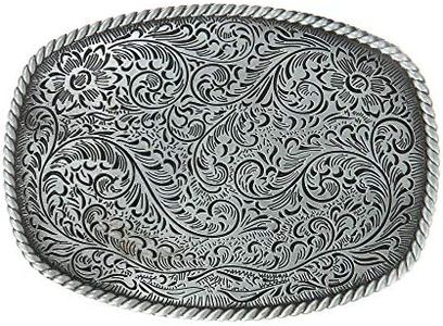 KDG Western Cowboy Belt Buckles Antique Copper Large Custom Belt Buckles Engraved Floral with Rope Edge Novelty Buckles, Silver