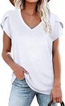 isermeo Solid Color Shirts for Women Sexy V Neck Tees Shirts Cute Casual Shirt Tops White-L