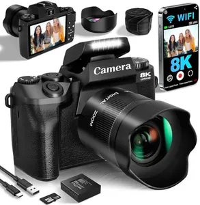 8K Digital Camera, 64MP Cameras for Photography with WiFi & 4" Touch Screen, 16X Zoom Vlogging Camera for YouTube, Autofocus, Flash, Dual Camera, 3000mAh Battery, 32GB Card, Flash, Lens Hood