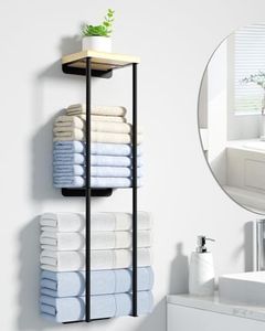 Towel Racks for Bathroom, 2 Tier Wall Towel Holder with Wood Shelf, Metal Wall Towel Rack Mounted Towel Storage for Small Bathroom （Black