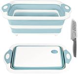 Collapsible Cutting Board, Foldable Chopping Board with Colander, Multifunctional Kitchen Vegetable Washing Basket Silicone Dish Tub for BBQ Prep/Picnic/Camping(Light Blue)