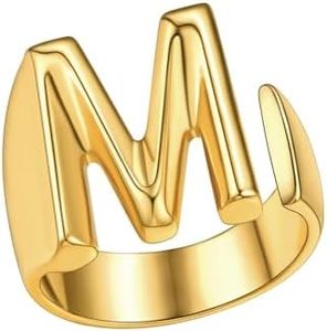 Initial M Ring Gold Bold Letter Alphabet Statement Name Rings for Women, Stacking Knuckle Finger 18K Gold Plated Adjustable Fashion Open Rings Personalized Jewelry Gift