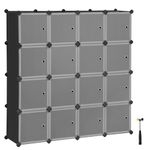 SONGMICS 16-Cube Storage Unit, Shoe Rack, Stackable Cubes, Plastic Closet Cabinet, Wardrobe, with Doors, for Bedroom, Office, Easy to Assemble, Black and White LPC44HS