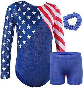 BAOHULU Gymnastics Leotards for Girls Patriotic Glitter Long Sleeve Dancewear with Matching Shorts Set, Redwhiteblue Stars Sleeved Set, 7-8 Years