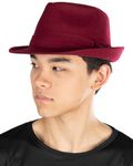Funky Junque Mens Premium Wool Fedora Hat Structured Short Brim Classic Vintage Trilby Felt Teardrop Stetson, Burgundy, 7 1/4-7 5/8
