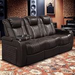 HKUVUKH Home Theater Seating - Italian Leather - Power Recline Sofa - Fold-Down Table - Powered Headrests - Arm Storage - USB Charging - Cup Holders, Coffee Color