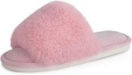 Parlovable Women's Faux Fur Slippers Fuzzy Flat Spa Fluffy Open Toe House Shoes Indoor Outdoor Slip on Memory Foam Slide Sandals Pink 7-8