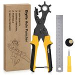 Diyife Belt Hole Puncher, [Upgraded Version] Leather Punch with 2 Extra Plates Ruler Screwdriver Grind Rod, Heavy Duty Revolving Punch Plier for Crafts, Plastic, Fabric，Rubber, (Yellow)