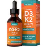 Vitamin D3 K2 Drops | 60mL | High Strength Vitamin D3 4000iu and K2 25ug | Bone and Immune Support | Suitable for Vegetarians | by Horbaach