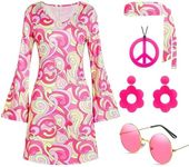 TopTok 60s 70s Disco Outfit Hippie Costume Women, 1970 Style Clothes Dress Peace Sign Accessories Jewelry Halloween (Pink, Large)