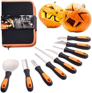 Professional Halloween Pumpkin Carving Kit, Anti-Slip Rubber Handle, 9 Piece Stainless Steel Pumpkin Carving Tools Knife Set for Halloween DIY Decoration, with Storage Bag