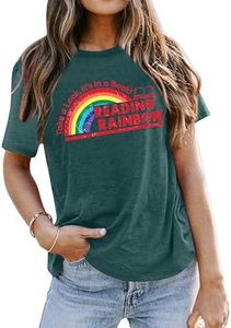 Reading Rainbow Tshirt Women: Book Shirt Reading Teacher Shirt Funny Rainbow Graphic Tee Tops Book Lover Gift (Green, Medium)