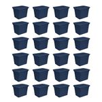 Sterilite Lidded Stackable 18 Gal Storage Tote Container w/ Handles & Indented Lid for Efficient, Space Saving Household Storage, Marine Blue, 24 Pack