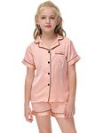 Alunsito Kids Satin Pajamas Sets Girls Boys Solid Color Short Sleeve Top Shirt + Shorts Lapel Nightwear Toddler 2 Piece Summer Lounge Pjs Nightwear Sleepwear Sets Light Pink 160 13-14 Years