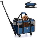 Lekespring Cat Carrier with Wheels, Rolling Pet Carrier with Telescopic Handle and Shoulder Strap, Airline Approved Pet Carrier for Small Dogs Medium Cats up to 25lb, Blue