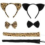 AnyDesign 6Pcs Cat Costume Set Black & Leopard Print Cat Cosplay Kit Animal Ear Headbands Bow Tie Collar Cat Tail for Halloween Party Dress Up Masquerade Accessories Girls Women