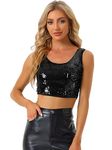 Allegra K Women's Metallic Sequin Crop Top Sparkle Glitter Sleeveless Party Club Tank Top, Black, Medium