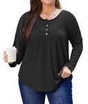 KARALIN Women Plus Size Pleated Button Up Henley Crew Neck Long Sleeve Loose Fit Casual Dressy Flowy Fall Tunic Tops Blouse Shirts(Black,4XL)