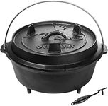 Overmont 9QT Camp Dutch Oven Pre Seasoned Cast Iron Lid Also a Skillet Casserole Pot with Lid Lifter for Camping Cooking BBQ Baking 9QT(Pot+Lid)