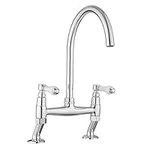 JASSFERRY Traditional Bridge Mixer Tap White Ceramic Lever Handles Deck Mounted Monobloc Classic 2 Hole Kitchen Sink Chrome Faucet with Swivel Spout