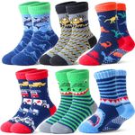 Welwoos Kids Boys Fluffy Grips Socks Non Slip Anti Skid Thermal Winter Warm Thick Slipper Fun Cosy Bed Hospital Toddlers Socks 6 Pairs Christmas Gifts Stocking Fillers(Animal & Cars,4-7 Years)