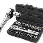 Hi-Spec 22-Piece Metric Socket Set 1/4" & 3/8" Drive with Reversible Ratchet, Extension Bar, Adaptor & Ratcheting Wrench in Compact Carry Case