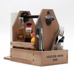Wooden Grill Caddy Organizer - Versatile BBQ Caddy for Outdoor grill - Portable rustic wood condiment and paper towel holder with bottle opener for picnic and grilling