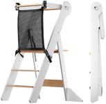 COSYLAND Foldable Toddler Standing Tower - Adjustable Height Folding Step Stool Kids Toddler Kitchen Stool Helper for Learning and Cooking - Ages 18 Months to 6 Years with Safety net Natural & White