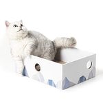 Conlun Cat Scratcher Box with Cat Scratching Board- Portable Cardboard Lounger for Feline Pet - Heavy-Duty Double-Sided Cardboard Cat Scratchers and Interactive Hole Design - Medium - White