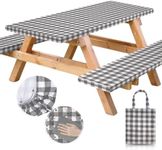 Vinyl Fitted Picnic Table Cover with Bench Covers and Bag, 6ft Outdoor Waterproof Windproof Picnic Tablecloth with Elastic Edges. Camping RV Gear Must Have 72x30 Inches 3 Pcs Set (Gray Checkered)