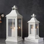 JHY DESIGN Set of 2 50cm & 33cm Tall Outdoor Candle Lanterns Vintage Hanging Tower Lantern Metal Candle Holder for Garden Living Room Indoor Outdoor Parties Weddings Balcony(White)