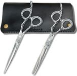 Saki Shears 6 Inch Set of Hair Cutting and Thinning Scissors With Flower Design on Handle and Finger Holes - 440C Stainless Steel - Professional Hair Cutting Set (Silver)