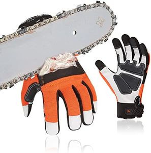 Vgo... Chainsaw Gloves, 12-Layer Chainsaw Protection on Both Hand Back, Safety leather Work Gloves, Mechanic Gloves(1 Pair,Size M,Orange,GA9797CS)