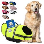 Paws Aboard Dog Life Jacket - Keep Your Canine Safe with a Nylon Life Vest - Designer Life Jackets - Perfect for Swimming and Boating - Neon Yellow, Large