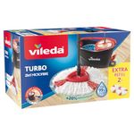 Vileda Turbo Microfibre Mop and Bucket Set with Extra 2-in-1 Head Replacement, Spin Mop for Cleaning Floors, Set of 1x Mop, 1x Bucket and 1x Refill