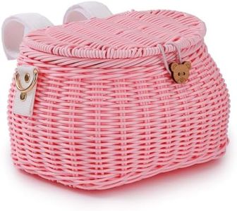 SVNR Kids Bike Basket, Bike Basket Front, Bicycle Baskets for Boys and Girls, Handwoven Backpack with Lid Shoulder Strap, Rattan Front Handlebar Baskets, Pink
