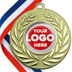 Personalised Gold Metal Wreath Medals with choice of Ribbons and Logo Centre 10 Pack, Plus Quantity Deals. FULLY ASSEMBLED