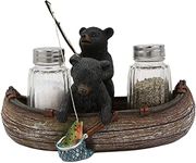 Ebros Gift 7" Wide Rustic Forest 2 Black Bear Siblings Fishing Bass With Net And Rod In Canoe Boat Glass Salt And Pepper Shakers Holder Statue Kitchen Dining Centerpiece Figurine