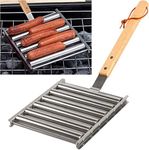 Hot Dog Roller,Sausage Roller, BBQ Hot Dog, Hot Dog Roller Rack with Long Wooden Handle,Stainless Steel Hot Dog Sausage Roller,Stainless Steel BBQ Sausage Roller Grill for BBQ, Grilling, Camping