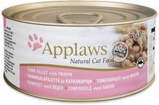 Applaws Natural Premium Wet Cat Food for Adult Cats, Tuna Fillet and Prawns in Broth Pack of 4 x 70g Cans