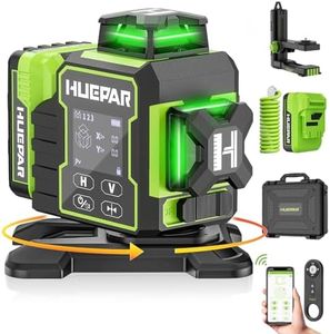 Huepar 2024 New Construction Laser Level 3x360 Self Leveling, 3D 12 Lines Bluetoothed Laser Level with Electric Rotating Base ＆ Large LCD Screen, 3 Planes Green Cross Lazer Leveler Tool W03CG