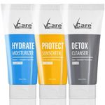 Vcare 3-In-1 CMS Kit|Detox Cleanser, Hydrate Moisturizer and Protech Sunscreen SPF 50| Suitable for All Skin Types| Day & Night Brightening Skincare Gift Set -50gm