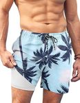 COOFANDY Men Swim Trunk with Compression Liner 2 in 1 Swimwear Bathing Suit Quick Dry Board Short, P Palm Tree, M