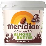 Meridian Smooth Almond Nut Butter 1kg - Vegan and Vegetarian Friendly, Free From Palm Oil, Made With 100% Nuts, High in Fibre and Vitamin E, Low in Saturated Fat, Source of Natural Protein