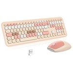 Wireless Keyboard Mouse Combo, PINKCAT QWERTY UK Full Size Ergonomic Keyboard and Mouse Set with Cute Round Keys Design & Stable Connection for Windows PC Laptop Computer (Milk Tea Pink)