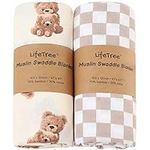 LifeTree Muslin Swaddle Blankets Neutral, Baby Swaddling Wrap Nursery Blanket for Boys & Girls Unisex, Soft 70% Viscose from Bamboo and 30% Cotton, Large 47 x 47 inches, Bear & Checkered Coffee